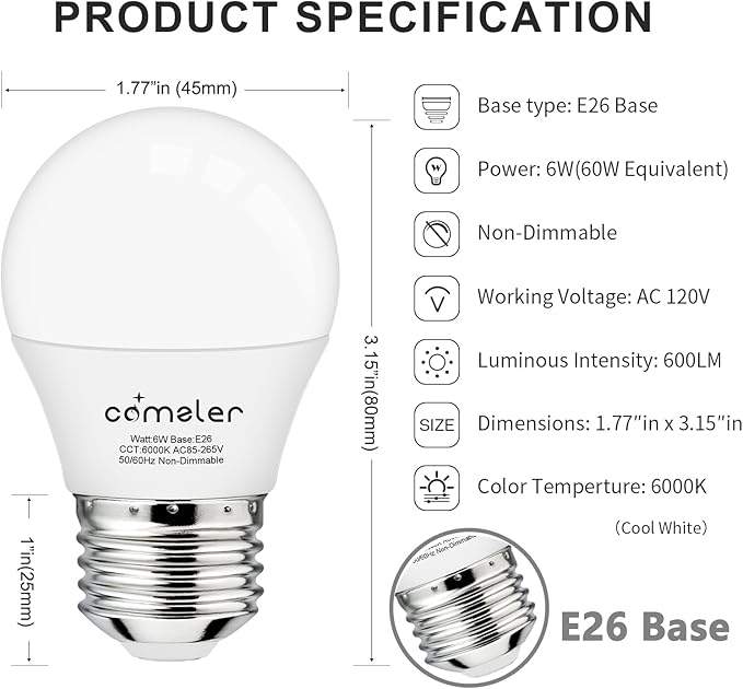 comzler LED Light Bulbs, E26 Base 6000K Cool Bright Daylight 60 Watt Equivalent Ceiling Fan Light Bulb, A15 Appliance Energy Saving Refrigerator Small Light Bulbs, 120V, 600LM, CRI 85+, 6 Pack