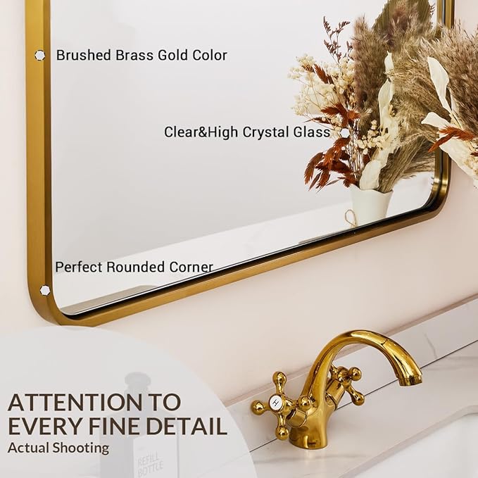 ANDY STAR 40x32 Inch Gold Bathroom Mirror, Brushed Gold Mirrors for Wall in Anti-Rust SUS304 Tube Metal Frame, Rounded Rectangle Mirrors 1’’ Deep Wall Mounted Vertically/Horizontal for Bathroom