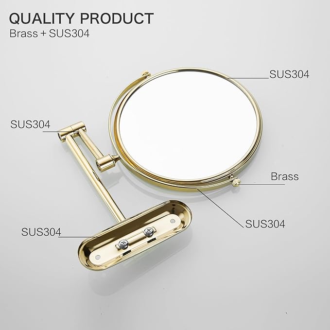 Gold 1x10x Magnifying Double Sided Bathroom Mirror 360 Degree Swivel Makeup Mirror Adjustable Extension Arm Wall Mount 8 Inch Non-Illuminated Beauty Mirror Shaving Mirror (Oval Base)