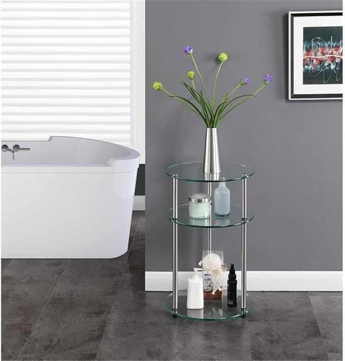 Convenience Concepts Designs2Go Classic Glass 3-Tier Round End Modern Contemporary Side Table with Storage Shelves for Living Room, Bathroom, Bedroom, 15.75"