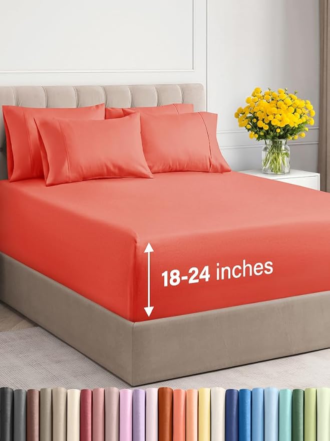 Extra Deep Queen Sheet Set - 6 Piece Breathable and Cooling Sheets - Hotel Luxury Bed Sheets Set - Easy & Secure Fit - Soft, Wrinkle Free and Comfy Sheets Set - Coral Sheet Set with Extra Deep Pockets