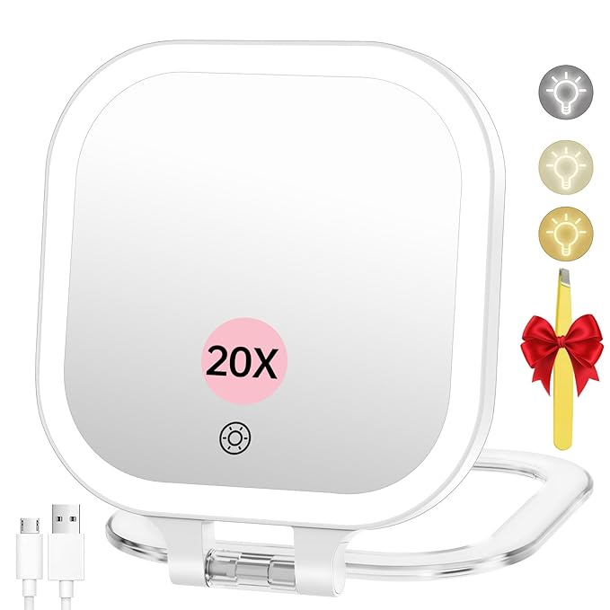 FASCINATE 20X Magnification Rechargeable Travel Makeup Mirror, 7" Lighted Portable Vanity Mirror with 3 Colors Lighting & Stepless Dimming, Double Sided LED Mirror, Gift for Women (White)