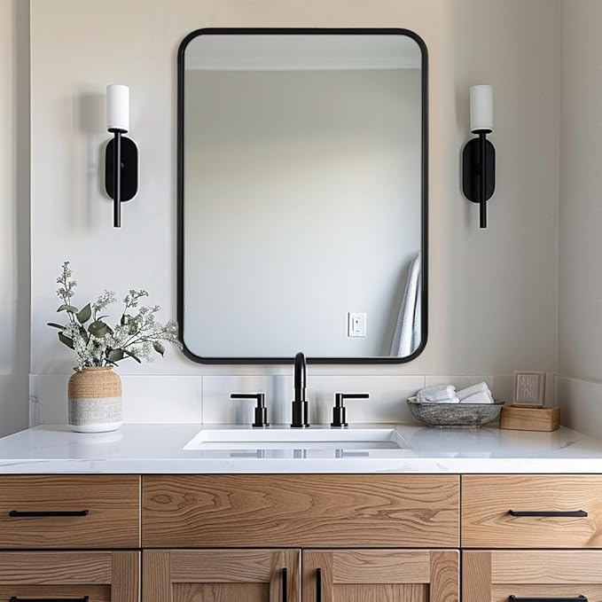 ANDY STAR Mirror for Bathroom 24X36 Inch, Matte Black Mirror Rounded Rectangle Mirror Metal Tube Framed Wall-Mounted Vertically/Horizontally