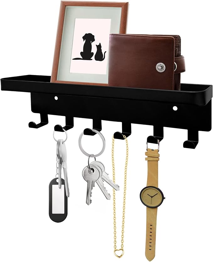 GTK Key Holder for Wall Key Hooks with Tray and 6 Hooks, Wall Mounted Key Holder for Hallway, Key Rack with Shelf for Mail Storage (Black)
