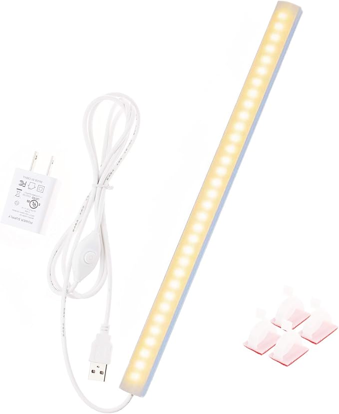 JUSJUBR 12-Inch Slim LED Under Cabinet Light with Memory Function, Warm White 3000K Dimmable USB Light Bar for Rooms