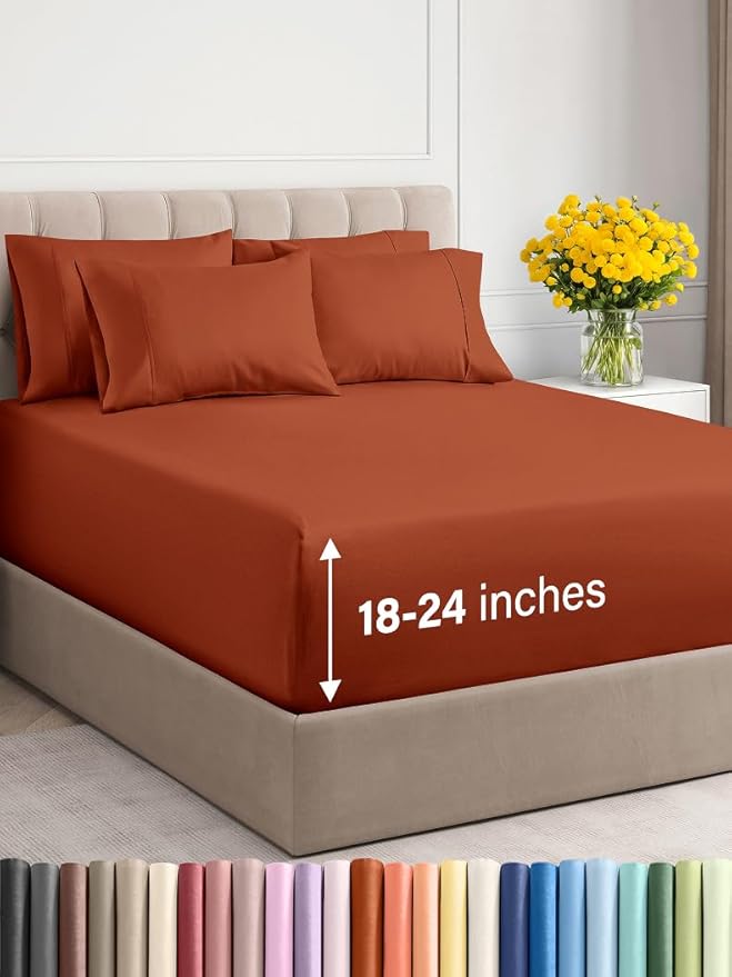 Extra Deep Queen Sheet Set - 6 Piece Breathable & Cooling Sheets - Hotel Luxury Bed Sheets Set - Easy & Secure Fit - Soft, Wrinkle Free & Comfy Sheets Set - Terracotta Sheet Set w/Extra Deep Pockets