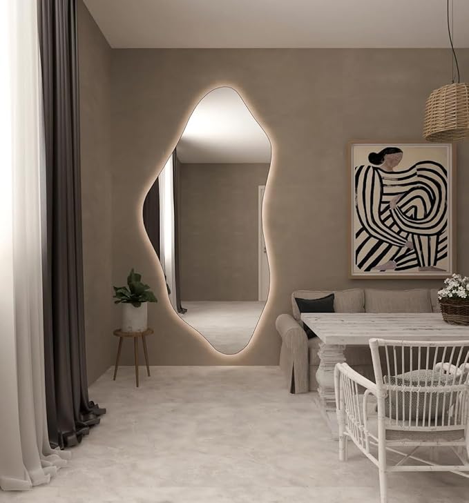 Asymmetrical Bathroom LED Mirror, Modern Irregular Shape Wall Mirror with LED Lights, Frameless Aesthetic Backlit LED Illimunated Vanity Mirror (55" x 27" inc)