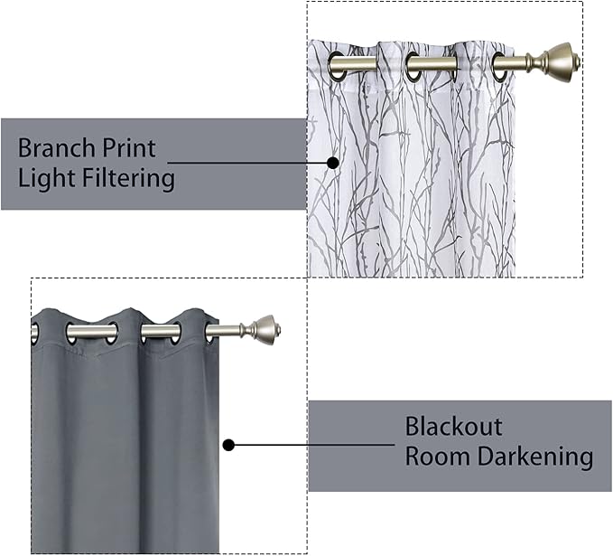 BONZER Mix and Match Curtains - 2 Pieces Branch Print Sheer Curtains and 2 Pieces Blackout Curtains for Bedroom Living Room Grommet Window Drapes, 54x108 Inch/Panel, Light Grey, Set of 4 Panels