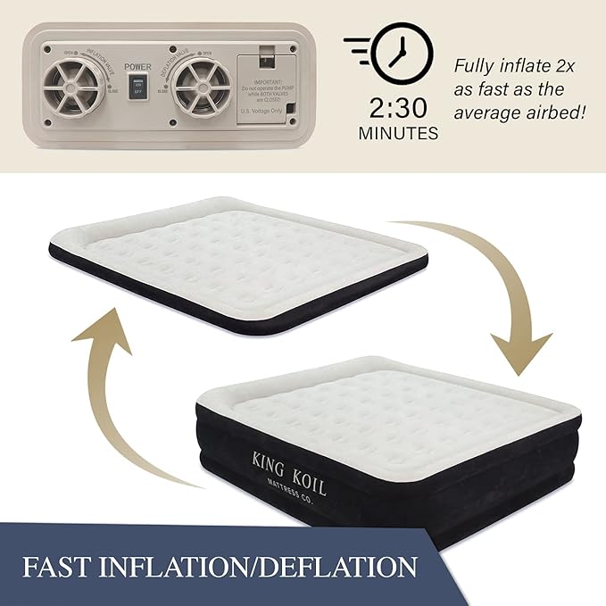 King Koil Luxury California King Size Air Mattress with Built-in High-Speed Pump Best for Home, Camping & Guests, 20" Double High Airbed Adjustable Blow Up Mattress, Waterproof, 1-Year Warranty