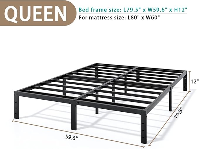 Metal Bed Frame Queen Size - 12 Inch Heavy-Duty Queen Platform Bed Frame No Box Spring Needed, Easy Assembly, Noise-Free, Sturdy Mattress Foundation, Underbed Storage Space
