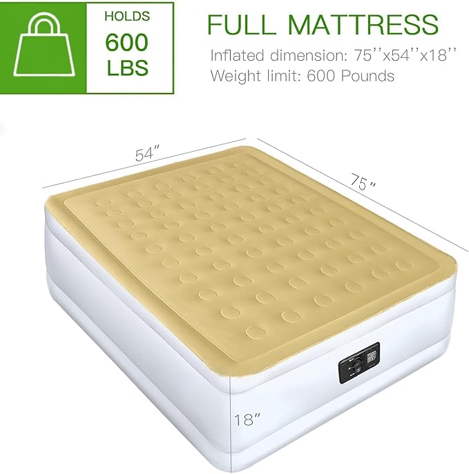 YENING Full Size Air Mattress with Built in Pump Raised Double Blow up Bed Inflatable Camping Airbed Electric 18 Inch Tall Beige