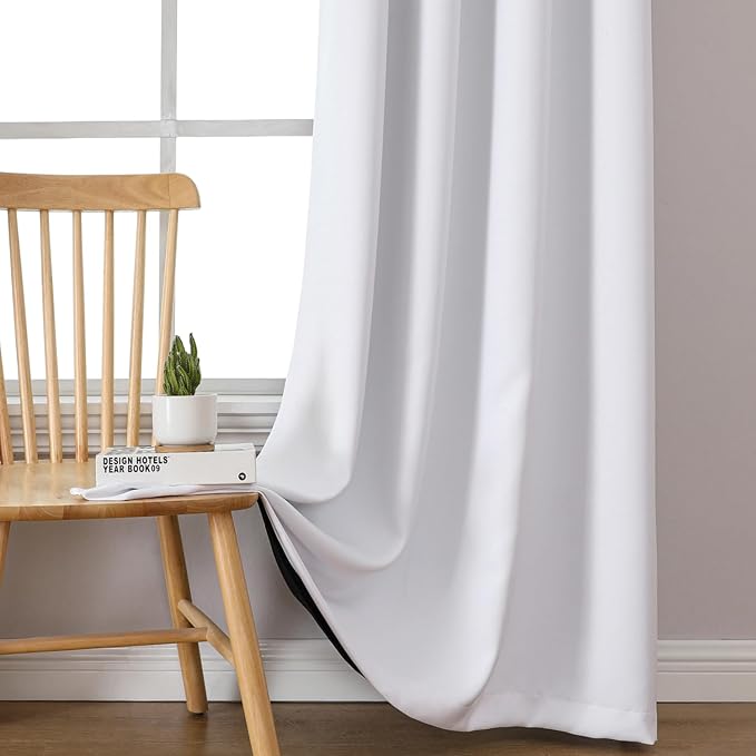 ChrisDowa White 100% Blackout Curtains for Bedroom with Black Liner, 2 Thick Layers Total Blackout Thermal Insulated Grommet Window Curtains 2 Panels Set (Pure White, 42 x 63 Inch)