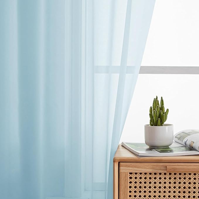 Aiyufeng 2 Pack: Basic Sky Blue Sheer Curtain Drapes 90 Inch Length 2 Panels for Living Room, Light Filtering Voile Drapes for Bedroom, Patio, Sliding Door, Each 42" W x 90" L