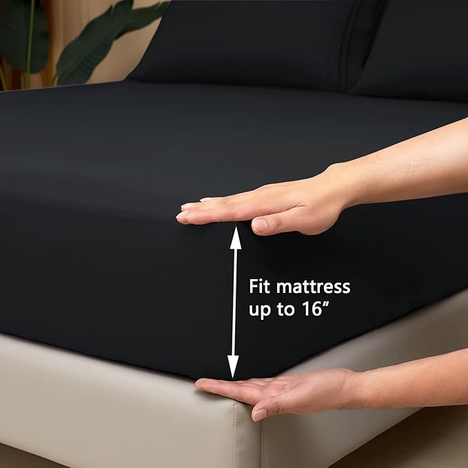 Mejoroom King Size Bed Sheet Set - Hotel Luxury 1800 Bedding Sheets & Pillowcases - 16" Deep Pocket Fitted Sheet, Soft, Breathable, Wrinkle & Fade Resistant - 4 Piece(King, Black)