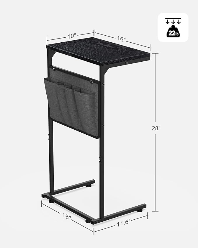 Vantic C Shaped End Table, Small Side Table for Couch and Recliner, Slide Under Sofa Tray Desk with Storage Bag for Living Room and Bedroom, Ebonized Oak