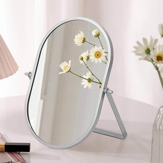 Bathroom Rectangle Desktop Makeup Mirror with Silver Metal Standing 180° Rotation Vanity Table Mirror Portable Cosmetic Mirror for Dressing Room Bedroom