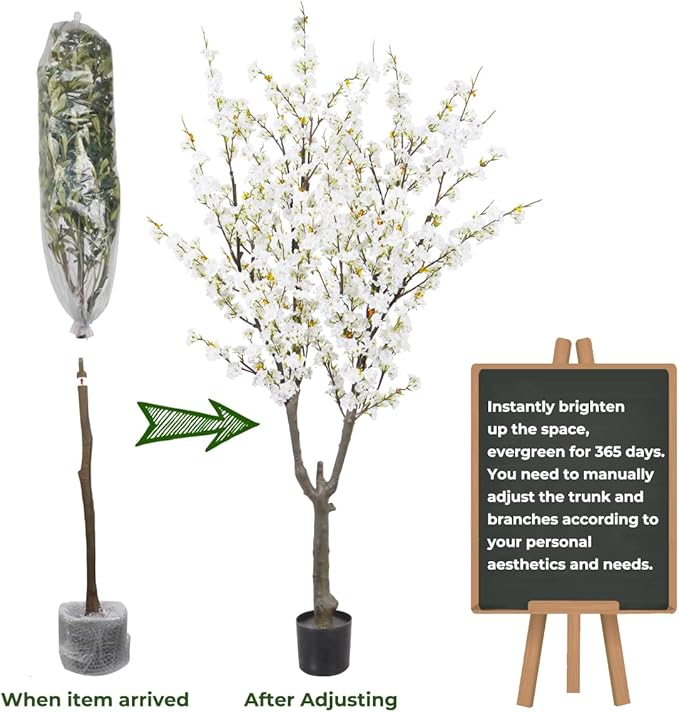 Artificial Cherry Blossom Tree 6ft Tall Indoor Faux White Flower Tree,Fake Cherry Blossom Tree for Home Office Party Wedding Decor
