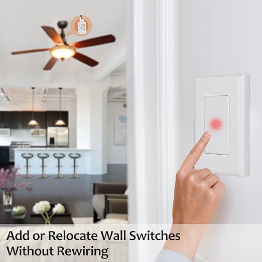 Suraielec Wireless Light Switch and Receiver Kit, 15A High Power, No Wiring, No Interference, 100ft RF Range, Expandable Remote Control Wall Switches for Lamp, Ceiling Light, Fan, Outdoor Lighting