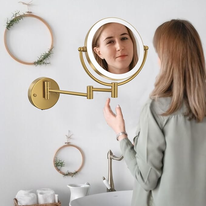 8" Wall Mounted Lighted Makeup Mirror with Magnification Rechargeable, 1X/10X Double Sided, 3 Color Lighting Touch Dimmable 360 Swivel Extendable Arm Vanity Shaving Mirror, Brushed Moderne Brass
