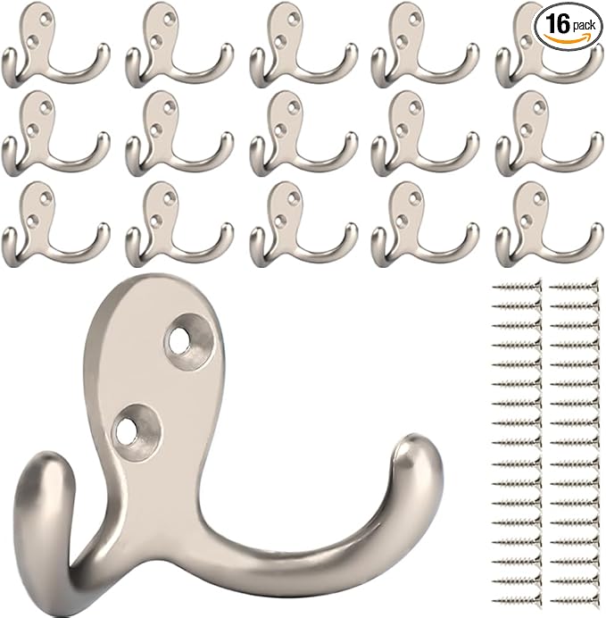 IBosins 16 Pack Heavy Duty Double Prong Coat Hooks Wall Mounted with 32 Screws Retro Double Hooks Utility Hooks for Coat, Scarf, Bag, Towel, Key, Cap, Cup, Hat(Silvery)