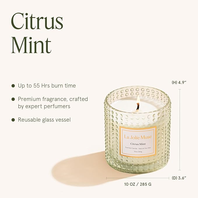 LA JOLIE MUSE Citrus Mint Candle, Summer Candles for Home Scented, Luxury Eucalyptus Candles Gifts for Women & Men, Natural Soy Wax, 75 Hours 10 OZ