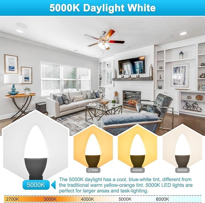Sailstar Candelabra Light Bulbs 60 Watt Equivalent, 5000K Daylight, 5W E12 Small Base Type B LED Bulbs, 500 Lumens, Chandelier Ceiling Fan Light Bulbs, CRI 85, Non-dimmable, Pack of 10