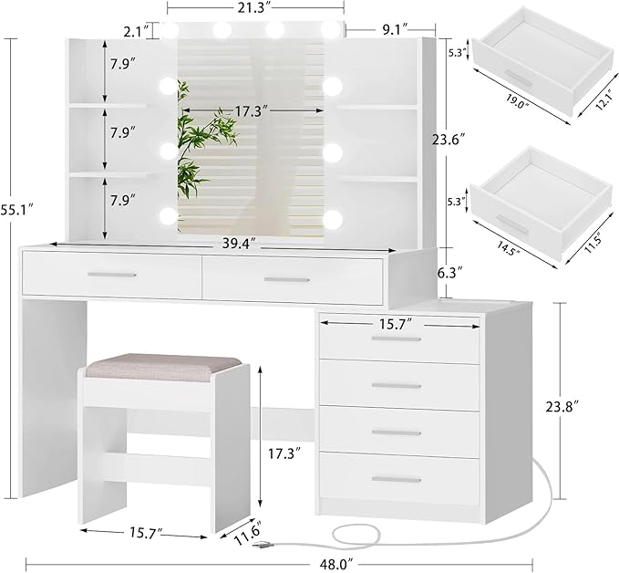 Quimoo 48" Large Vanity Desk with Mirror & Lights, Makeup Vanity Table with 6 Drawers & Power Outlet, 6 Open Storage Shelves, Vanity Desk Set with Stool, for Women Girls, White