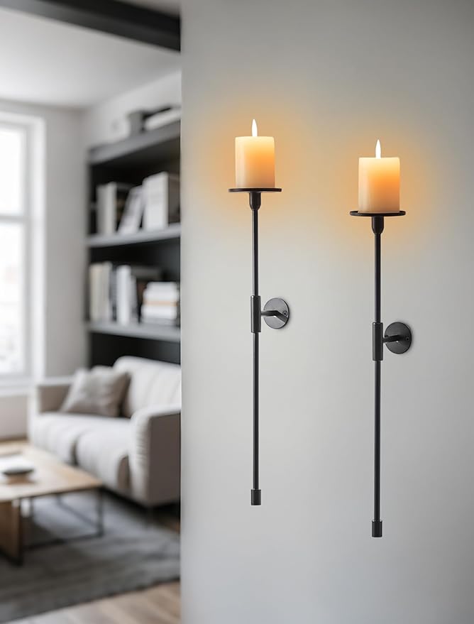 Sziqiqi Wall Candle Holder Black: Metal Candle Sconces for Pillar Candlestick Modern Wall Mount Candleholders Set of 2 - Long Candlestick Sconce Decor for Living Room Bedroom Bathroom Fireplace