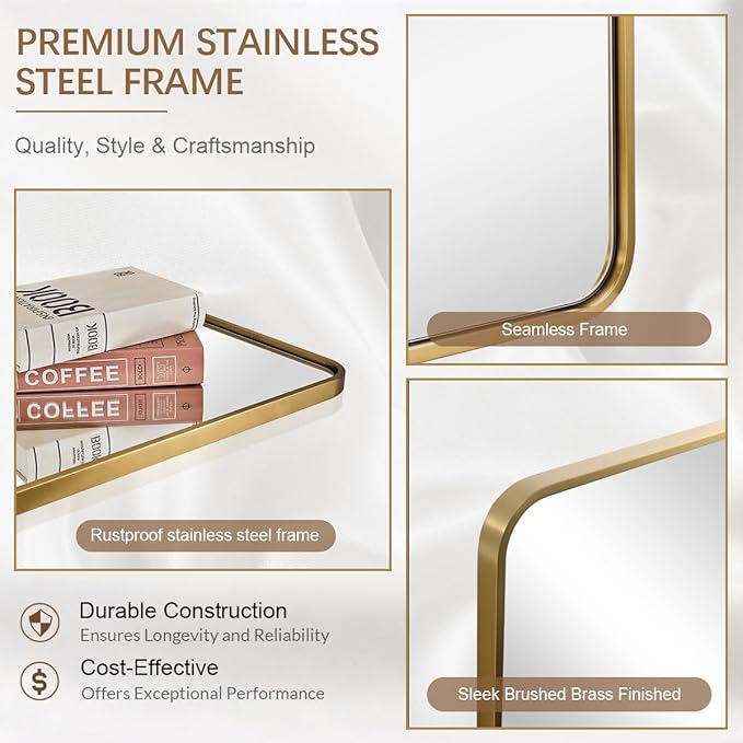 ANDY STAR 40x32 Inch Gold Bathroom Mirror, Brushed Gold Mirrors for Wall in Anti-Rust SUS304 Tube Metal Frame, Rounded Rectangle Mirrors 1’’ Deep Wall Mounted Vertically/Horizontal for Bathroom