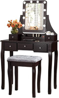 CHARMAID LED Vanity Desk with Lighted Mirror, 10 Dimming Bulbs, 5 Drawers, 3 Storage Organizers, Makeup Vanity Desk with Stool, Bedroom Dressing Table, Gift for Girls Women (Espresso)