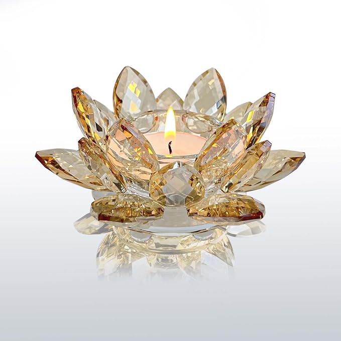 Crystal Lotus Flower Tealight Candle Holders/Glass Tea Light Candlestick Decor Decoration for Christmas Home Wedding Party… (Gold 1pc)