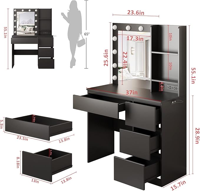 Vabches Makeup Vanity with Lights, 37inch Vanity Desk with Power Strip, 4 Drawers Makeup Table with Lighted Mirror, 3 Lighting Colors,Black