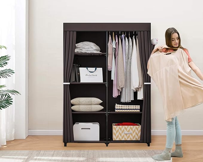 36 Inch Portable Wardrobe Closet Clothes Organizer with Metal Shelves and Dustproof Non-Woven Fabric (Coffee)