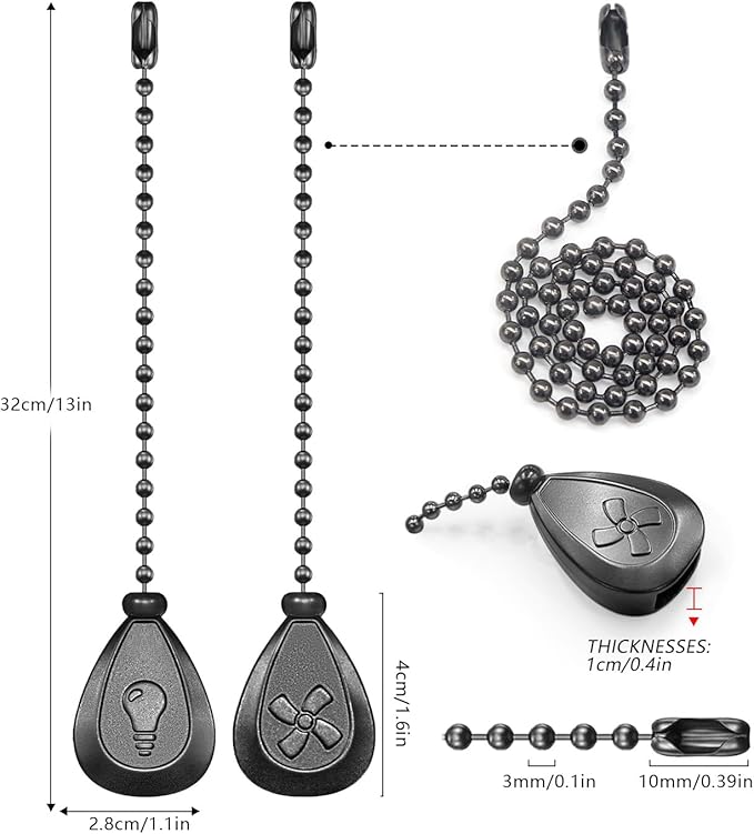 Black Ceiling Fan Pull Chain, 2Pcs 12 Inches Decorative Fan Pull Chain Ornaments Extension, 3mm Diameter Beaded Ball Fan Pull Chain Extender with Connector(2 Pack)
