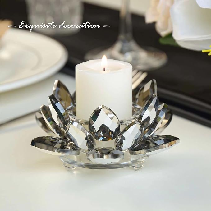 Crystal Lotus Flower Tealight Candle Holders/Glass Tea Light Candlestick Decor Decoration for Christmas Home Wedding Party… (1, Black 1pc)