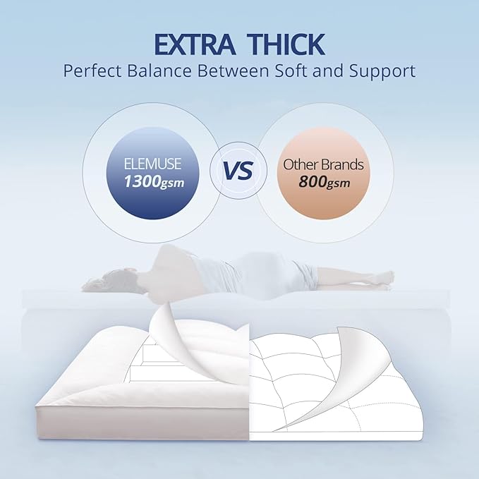 ELEMUSE 1300 GSM Mattress Topper Queen with Baffle Box Design,Extra Thick Cooling Pillow Top Pad, 400TC Cotton Cover, Plush & Support Snow Down Alternative, White
