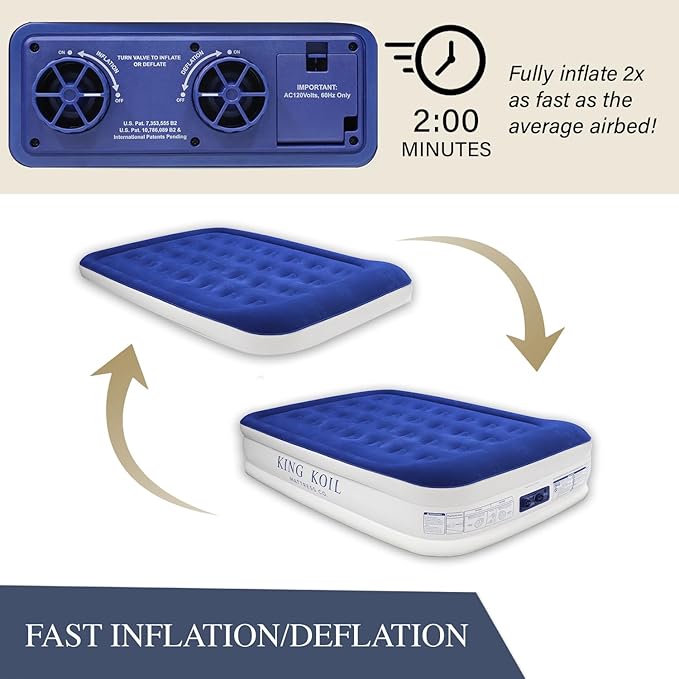 King Koil Full Size Premium Air Mattress with Built-in Pump for Home, Camping & Guests, 16" Inflatable Airbed Double High Adjustable Blow Up Mattress, Durable - Portable and Waterproof