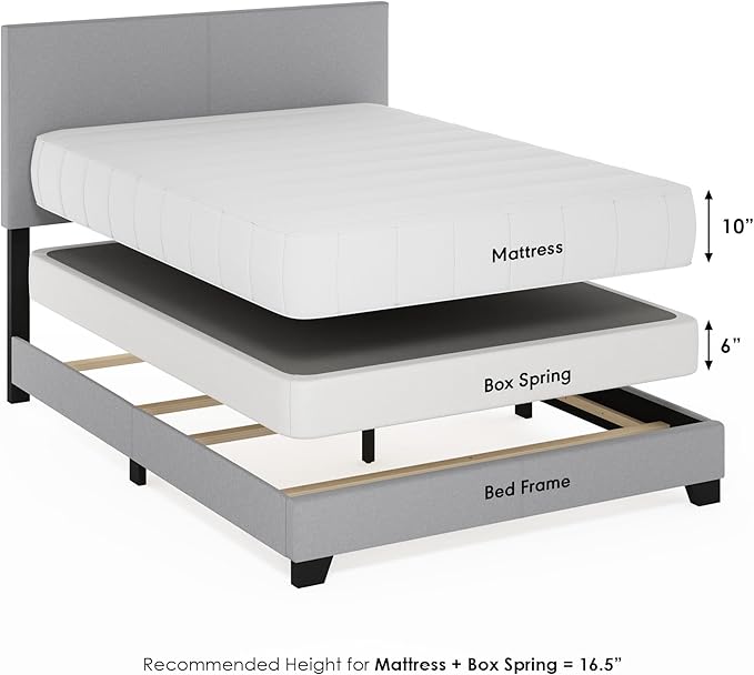 Furinno Pessac Fabric Upholstered Bed Frame with Wooden Slat Support, Full, Glacier