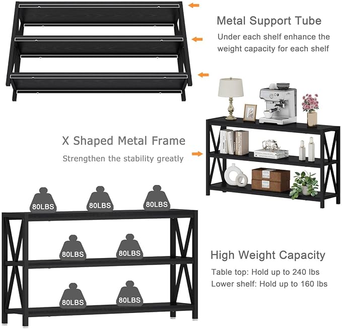FATORRI Console Table for Entryway, Long Sofa Table with Shelves Under Window, Wood and Metal Hallway Tables for Foyer (55 Inch, Black)