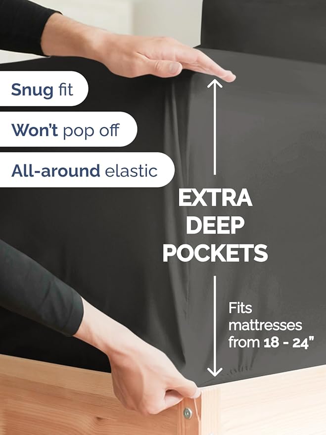 Extra Deep Full Sheet Set - 6 Piece Breathable & Cooling Sheets - Hotel Luxury Bed Sheets Set - Easy & Secure Fit - Soft, Wrinkle Free & Comfy Sheets Set - Charcoal Sheet Set with Extra Deep Pockets