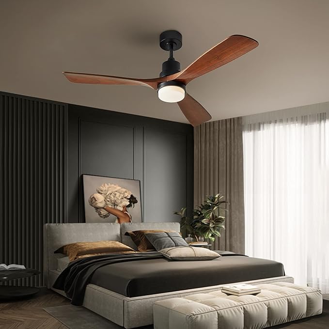 Ceiling Fans with Lights, 60" Wood Ceiling Fan with Remote Control, 3 Walnut Fan Blades Reversible Quiet DC Motor 6 Speeds Timing Farmhouse Ceiling Fan for Bedroom/Living Room/Study/Porch