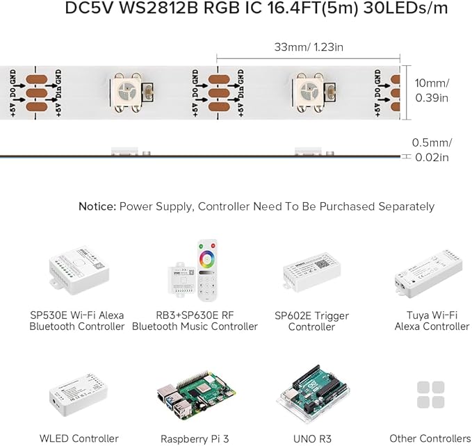 BTF-LIGHTING WS2812B RGB ECO LED Strip, Chasing Effects 5050SMD Individually Addressable 16.4FT 30Pixels/m 150Pixels Flexible Dream Color IP30 for Bedroom DIY Project DC5V(No Adapter or Controller)