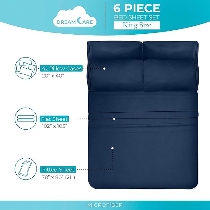 DREAMCARE California King Sheet Sets – 6 pcs Cooling Bed Sheets – up to 21” Deep Cal King Sheets – 2500 Supreme Collection – Extra Soft 100% Brushed Microfiber Hotel Luxury with Side Pocket – N Blue