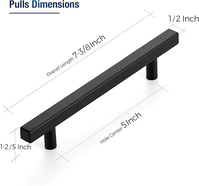 JOY DECOR 10 Pack 5 Inch Matte Black Square Cabinet Handles Stainless Steel Cabinet Hardware Pulls for Kitchen and Drawers with 7-3/8 Inch Overall Length