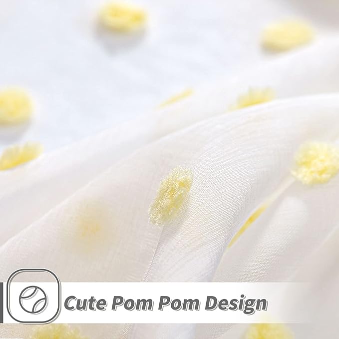 MYSKY HOME Yellow Curtains for Girls Bedroom Nursery Pom Pom Curains for Boys Girls Kids Room White Sheer Curtains for Living Room Playroom Rod Pocket Window 52" x 63" Set of 2