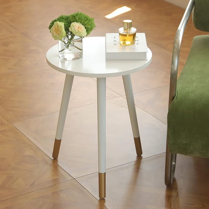 AWASEN Round Side Table, Small End Table Nightstand Accent Table for Living Room Bedroom Office Small Spaces, 16''D x 19.5''H (White & Gold)