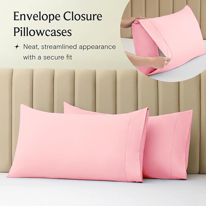 LuxClub 5 PC Sheet Set Bed Sheets Deep Pockets 16" Eco Friendly Wrinkle Free Cooling Machine Washable Hotel Bedding Silky Soft - Baby Pink Split King