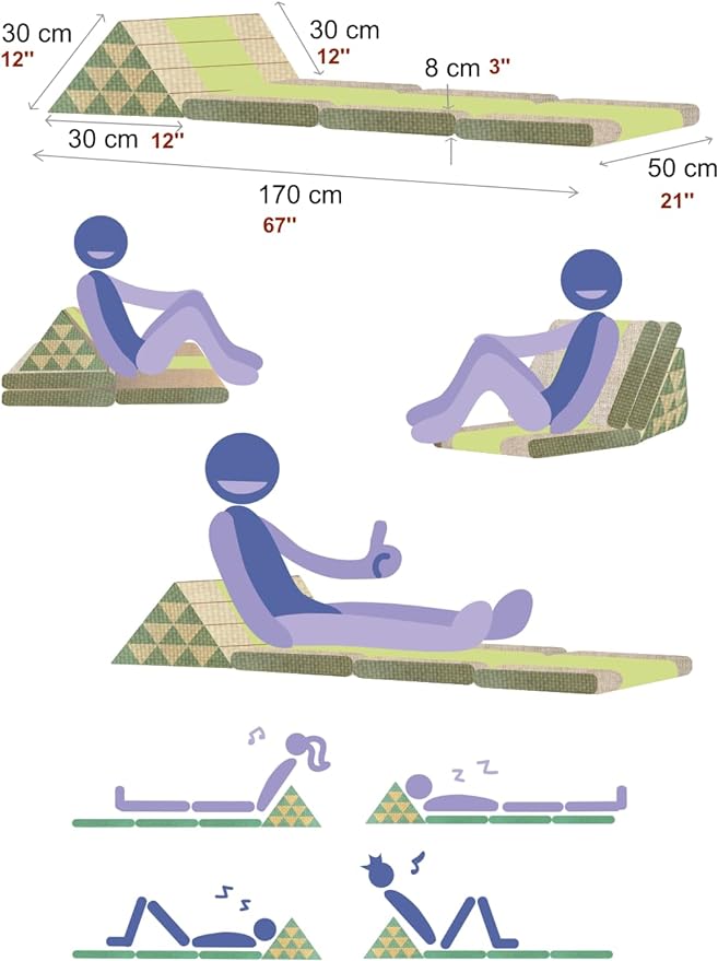 Leewadee - Comfortable Japanese Floor Mattress - Thai Floor Bed with Triangle Cushion - Futon Mattress - Thai Massage Mat, 67 x 21 inches, Blue, Kapok Filling