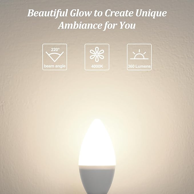 Brightever LED Candelabra Light Bulbs 40W Equivalent, 4W Candle Light Bulbs with Small E12 Base, Neutral White 4000K Ceiling Fan Lightbulbs, Type B Bulb for Wall Sconces, Non-Dimmable, Pack of 6