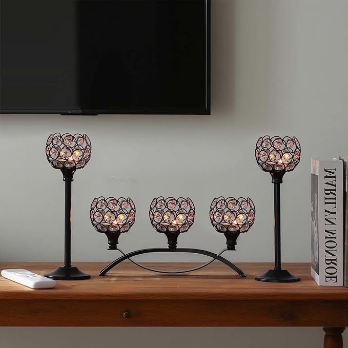 Crystal Tealight Candle Holder Centerpiece Home Decorative Candlestick Holder Elegant Table Centerpiece Home Decor Wedding Party Anniversary (Black, Set of 3)